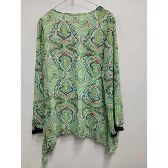 Maria Gabrielle Womens BOHO Tunic Top Size 1X Green Paisley Chiffon Sharkbite - Picture 8 of 9
